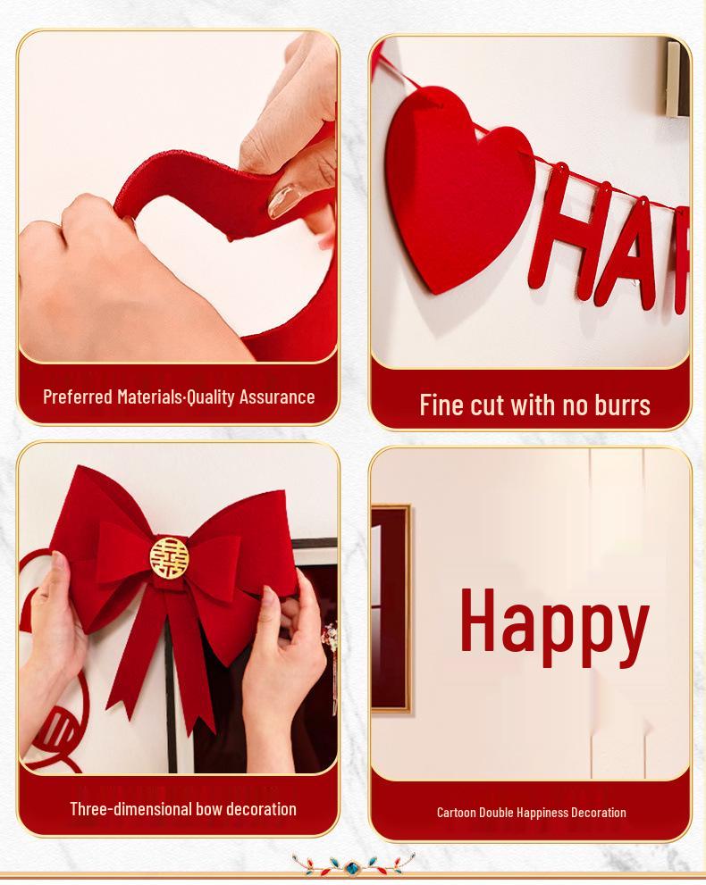Elegant Wedding Bedroom Decoration Set: High-End Double Happiness Wall Décor with Flowers.