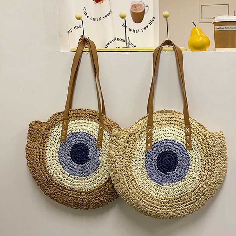 Straw Bag Women Hand-Woven Handbag Round Shape Rattan Bag Big Capacity Casual Beach Shoulder Crossbody Bag