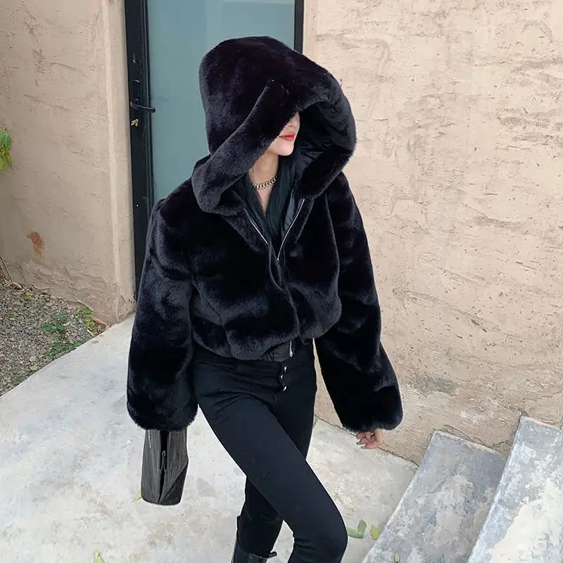 Furry Cropped Faux Fur Coats and Jackets Women Fluffy Top Coat with Hooded Winter Fur Jacket