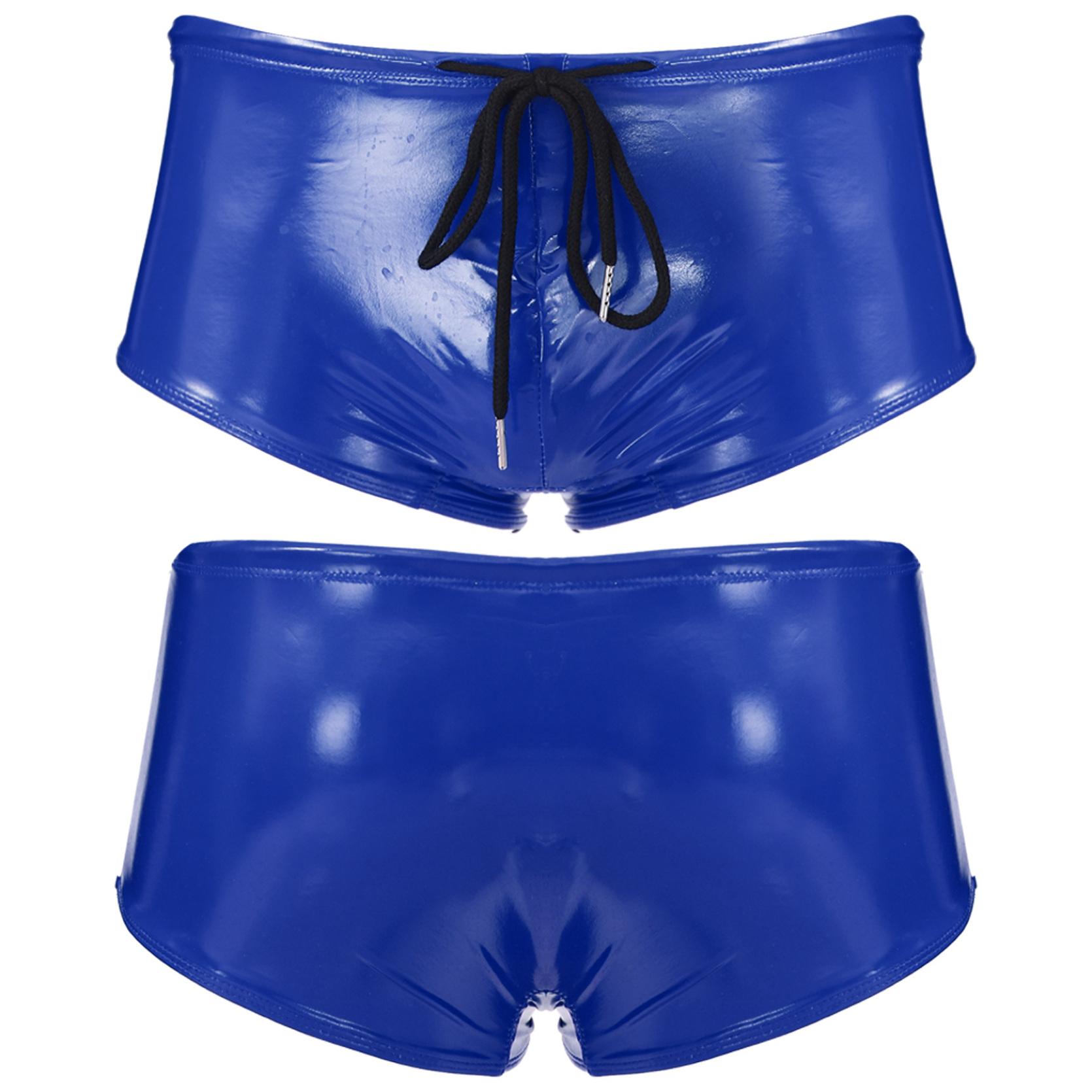 IEFiEL Heren Wet Look Patent Leather Zwembroeken Lage Taille Trekkoord Boxershorts Zwemkleding XL