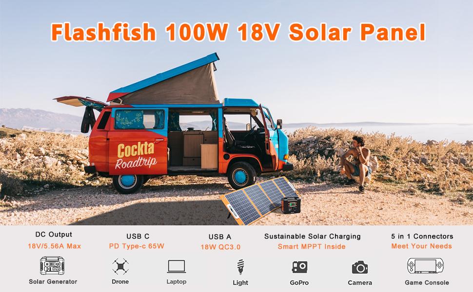 Pannello Solare Portatile Flashfish TSP100 100W Potenza 5V, 18V Tensione di Uscita