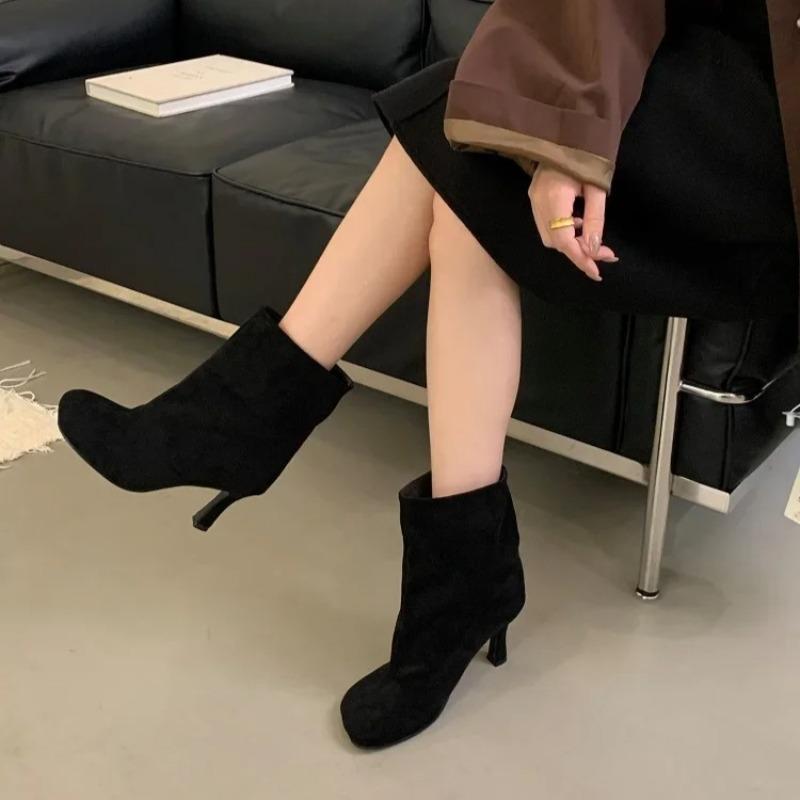 Women's Boots Round Toe Pleated Design Boots Temperament Stiletto High Heels Ankle Boots Quality Suede Women Chelsea Short Botas