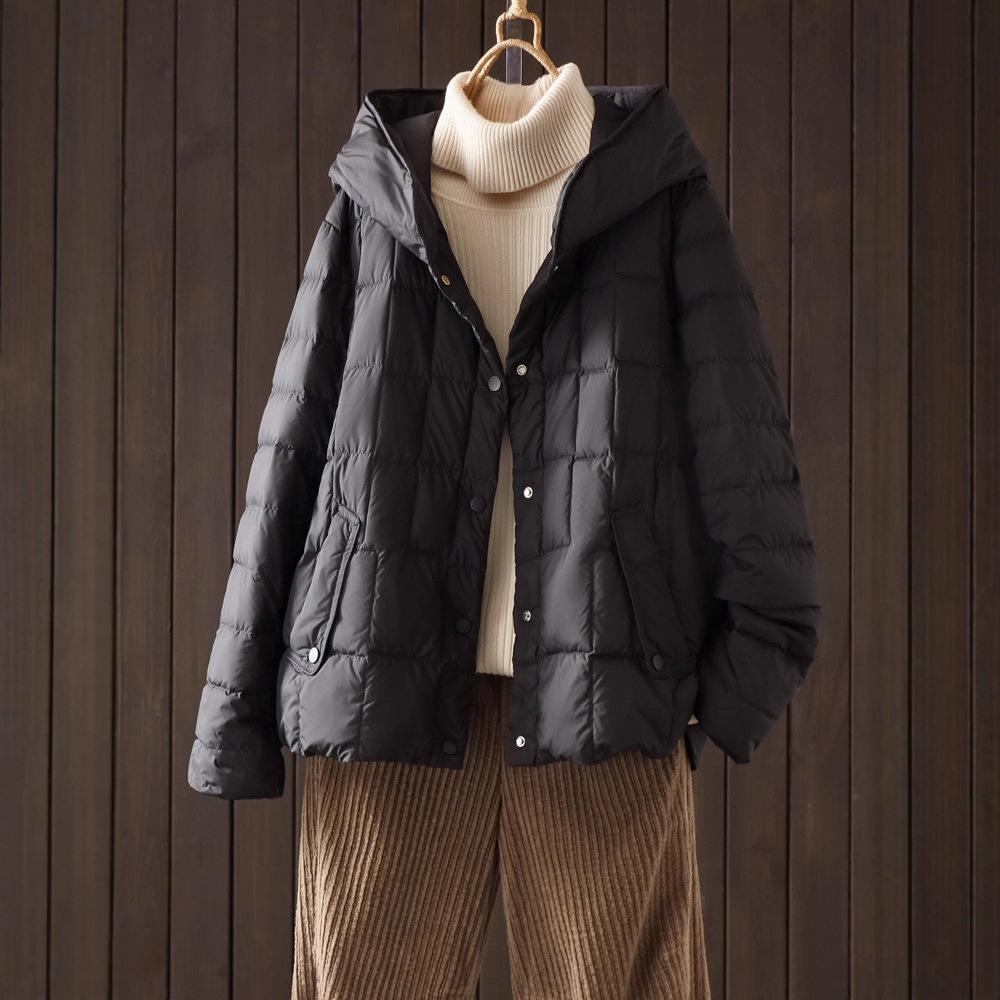 White duck down light down jacket women's winter hooded casual solid color simple warm loose literary jacket