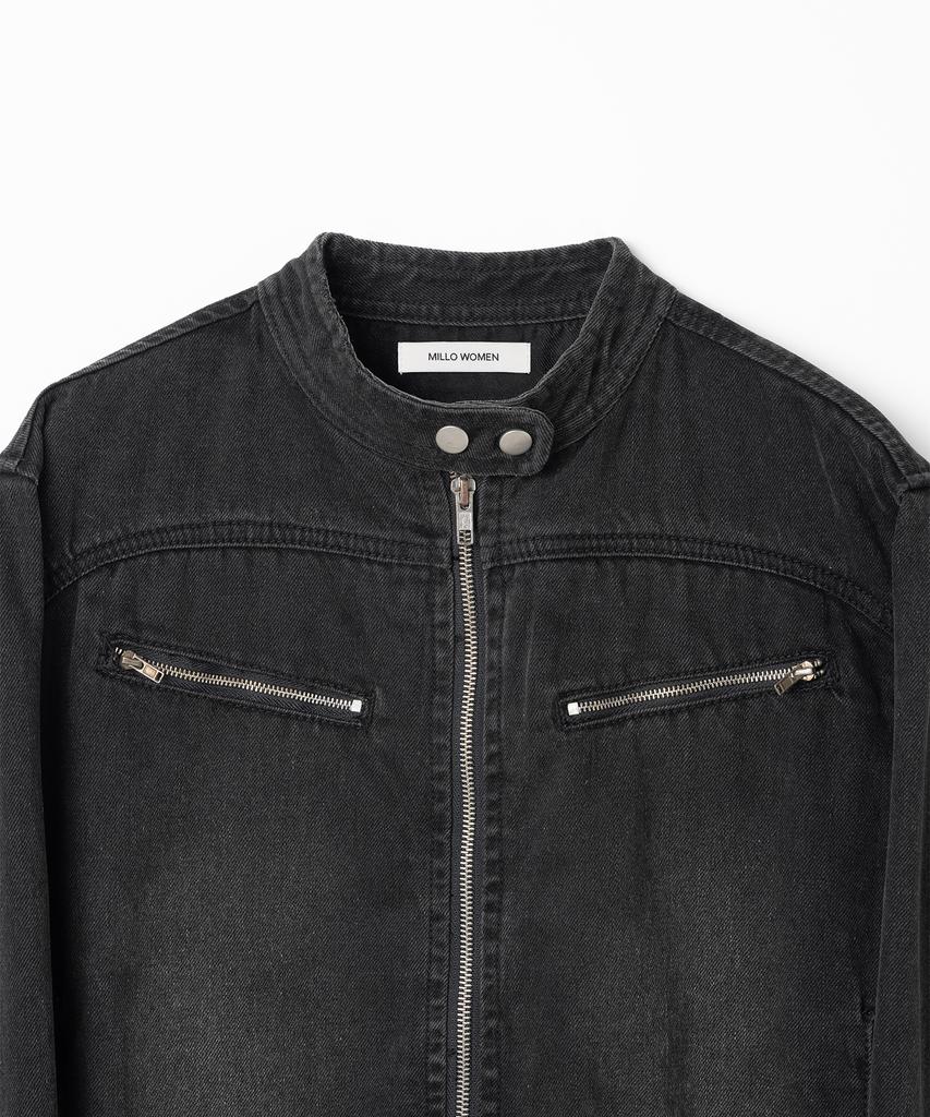 Millo Women Washed Denim Racing Jacket [Stone Black]