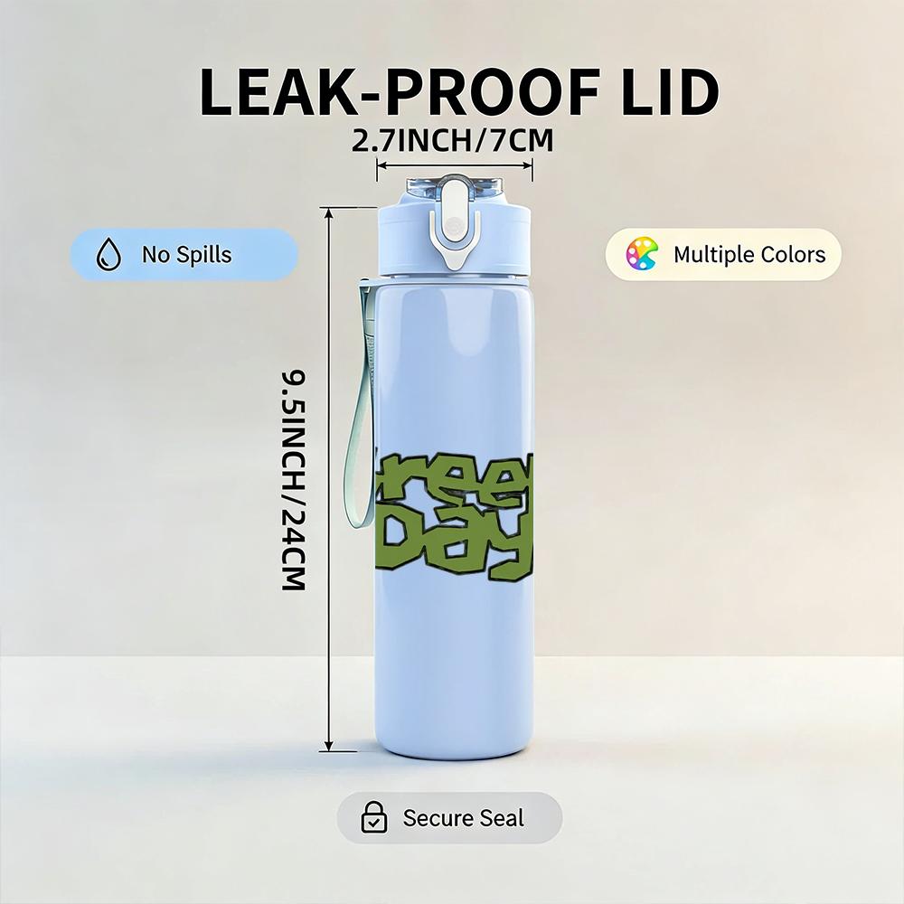 1PC Green Day Band Text Logo Print 750ml Colorful Plastic Sports Water Bottle Leakproof Pop Lid with Straw for Outdoor Office Home Use