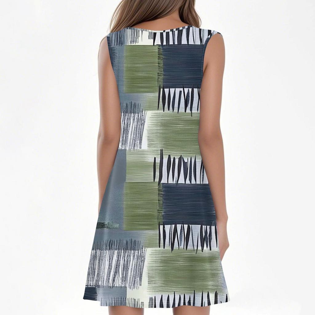 Damen Sommerkleid Rundhalsausschnitt Plissee Vorne Tank Ärmellos Taschen Sommerkleid Freizeitkleid