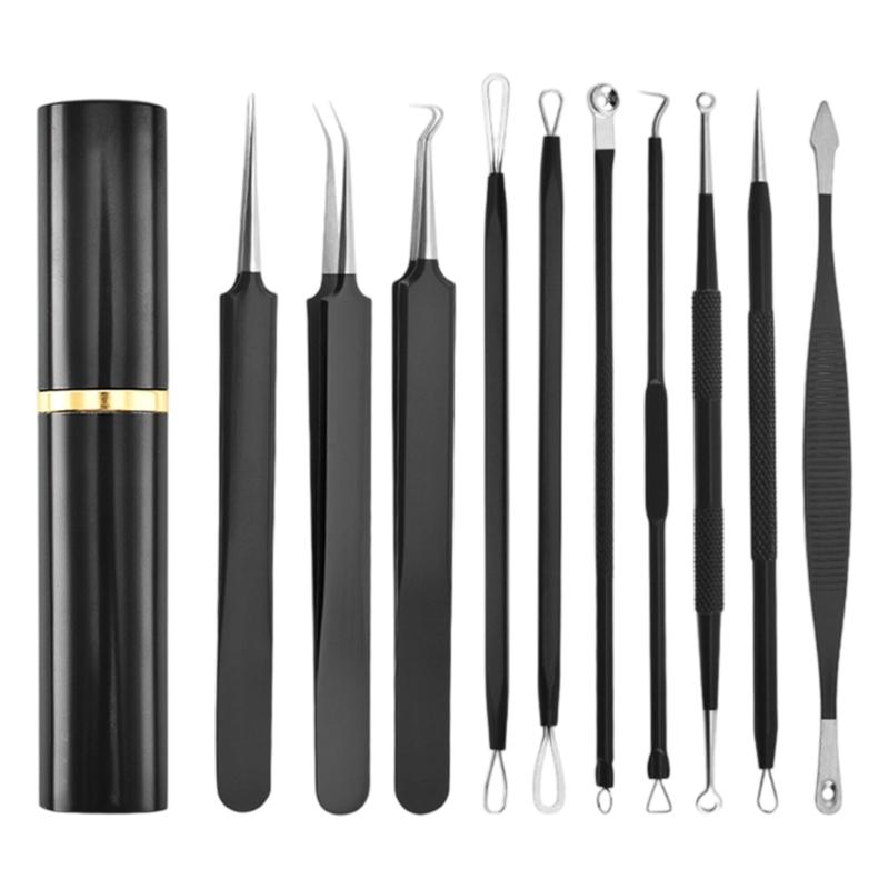 Portable 10Pcs Acne Treatments Kit Including Carbon Steel Needle and Ergonomic Comedone Extractor Tools
