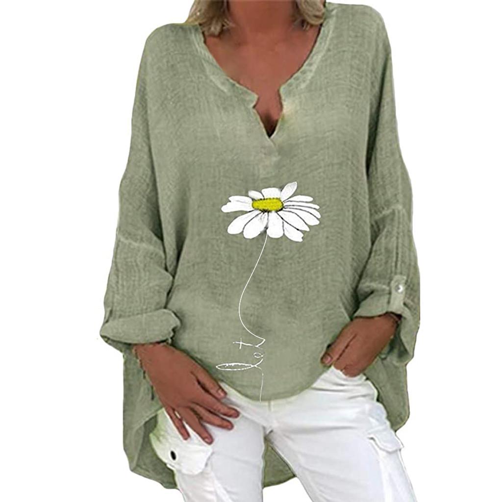 Plus Size Damen Casual Langarm Blumendruck Lose V-Ausschnitt Hemdbluse Top