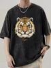 Vintage Washed Tiger Head Print Oversize T Shirt Distressed Animal Graphic Streetwear Tee Casual Loose Fit Hip Hop Y2K Top