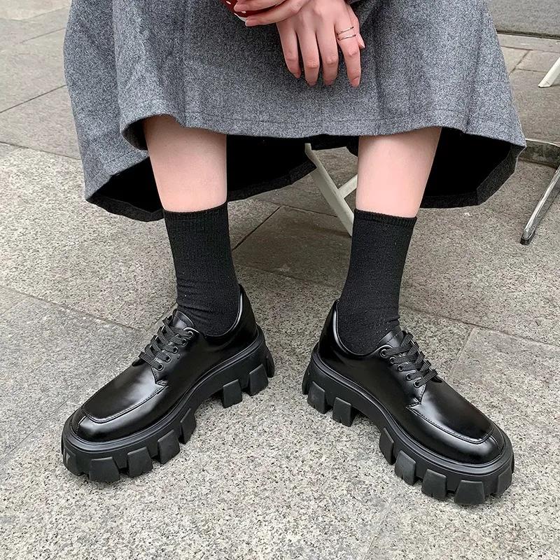 Fashion Women‘s British Style Leather Single Shoes Spring Autumn 2024 Loafer Shoes Retro Heightened Thick Bottom Platform Lace-up Shoes