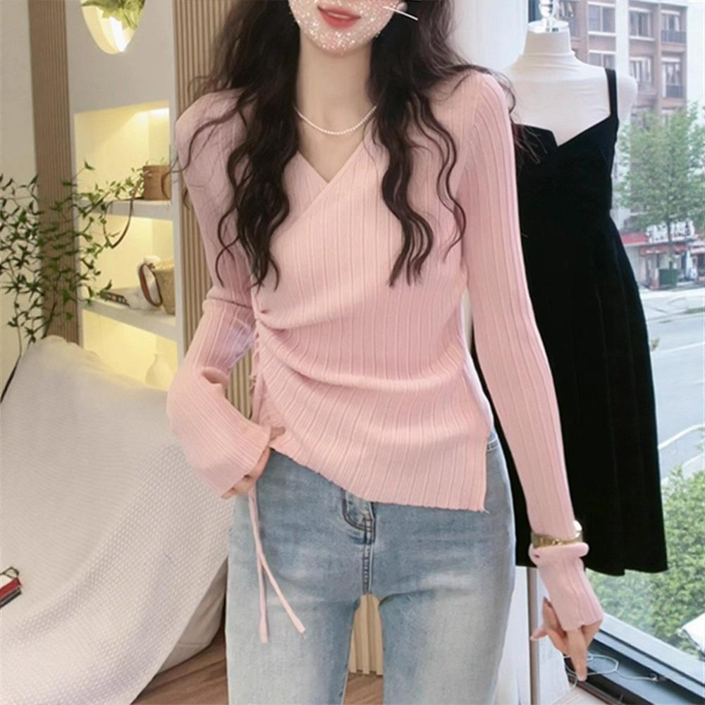 Autumn Pink V-neck Knitted Sweater Women's New Women's Clothing Slim-fit Irregular Long-sleeved Shirt