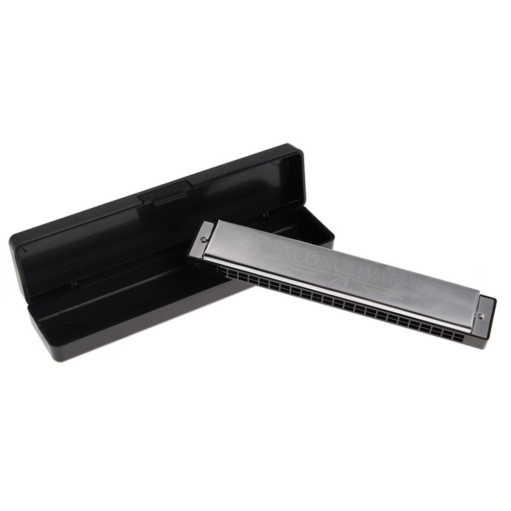 Swan Tremolo Harmonica Mouth Organ 24 Double Holes with 48 Reeds Key of C Free Reed Wind Instrument with Case Silver