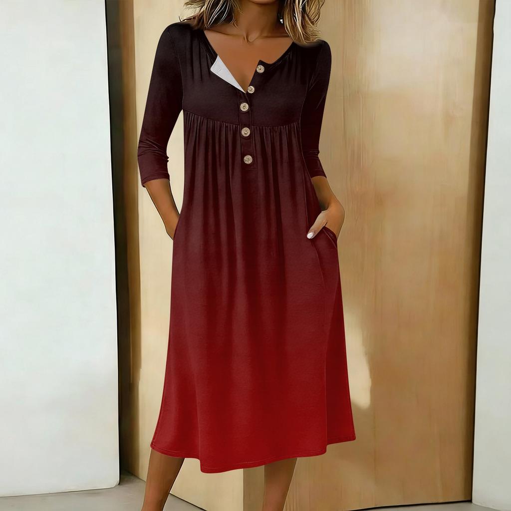 Women's Fashionable Color Printed Round Neck 3/4 Sleeve Button Collar Mid Length Casual Dress