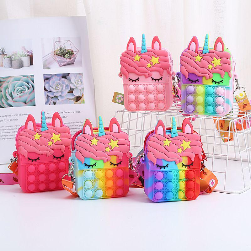 Colorful Rainbow Unicorn Popper Sensory Stationery Storage Bag With Fidget Toy
