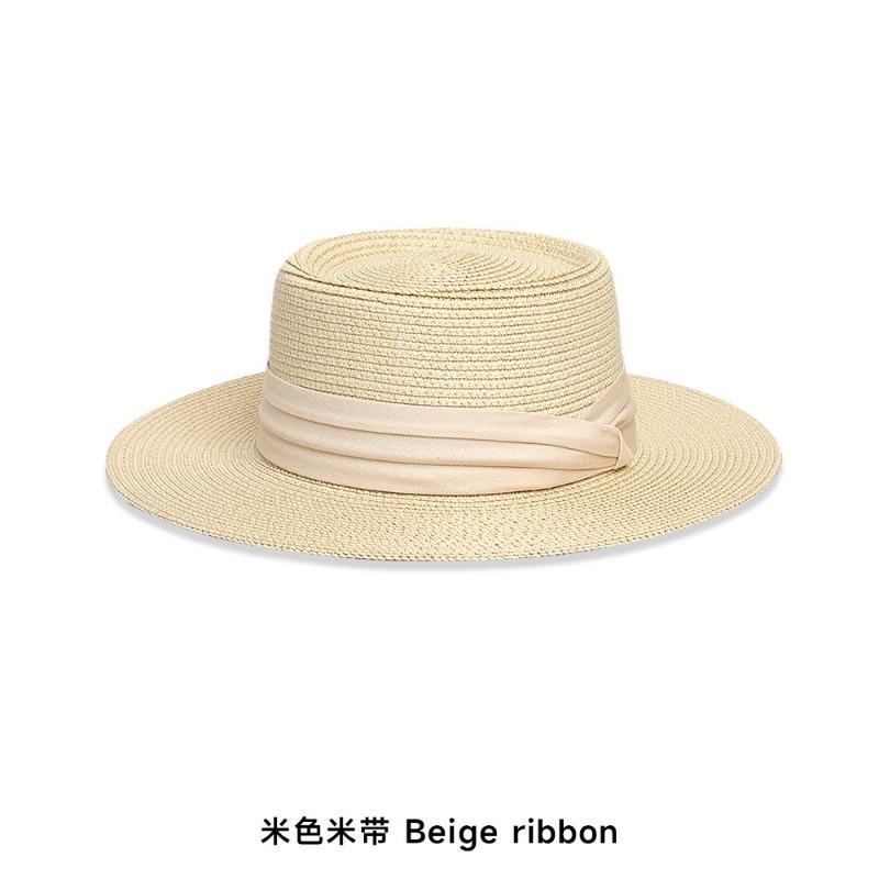 Flat top straw hat women's beach sunscreen bow top hat photo vacation straw weaving simple temperament sun hat