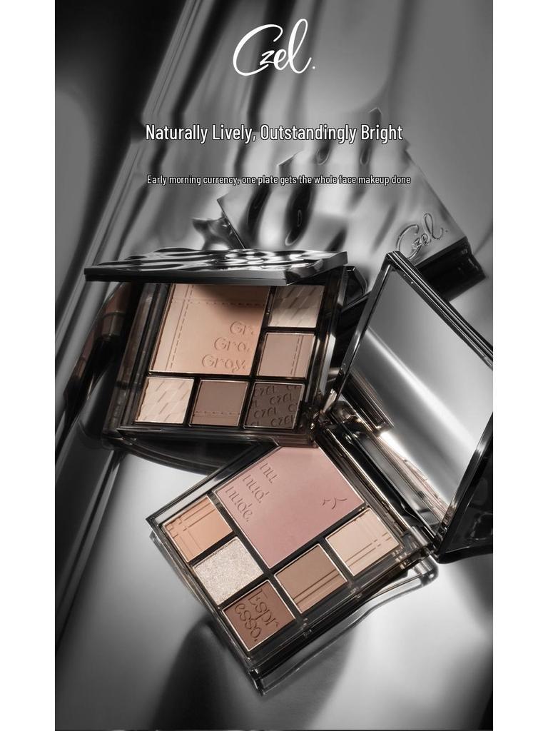 CZEL Earth Tone Eyeshadow & Blush Palette: Gray-Pink Gradient, Matte, Light Makeup All-in-One