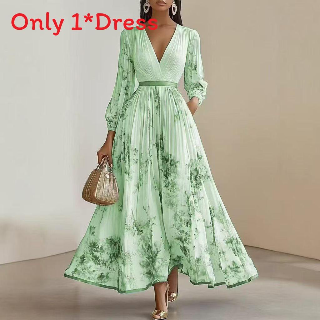 Elegante Abito Lungo con Stampa Floreale, Scollo a V e Design Pieghettato per la Serata