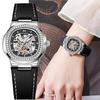 Skeleton Mechanical Watches Rose Gold Case Diamond Bezel Luminous Waterproof Fluororubber Strap Watch