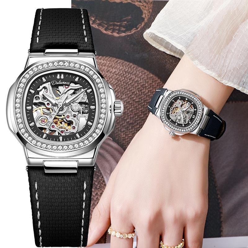 Skeleton Mechanical Watches Rose Gold Case Diamond Bezel Luminous Waterproof Fluororubber Strap Watch