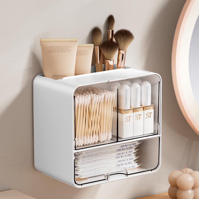 Wall-Mounted Bathroom Organizer for Cotton Pads, Swabs, and Hair Accessories trasparente/bianco