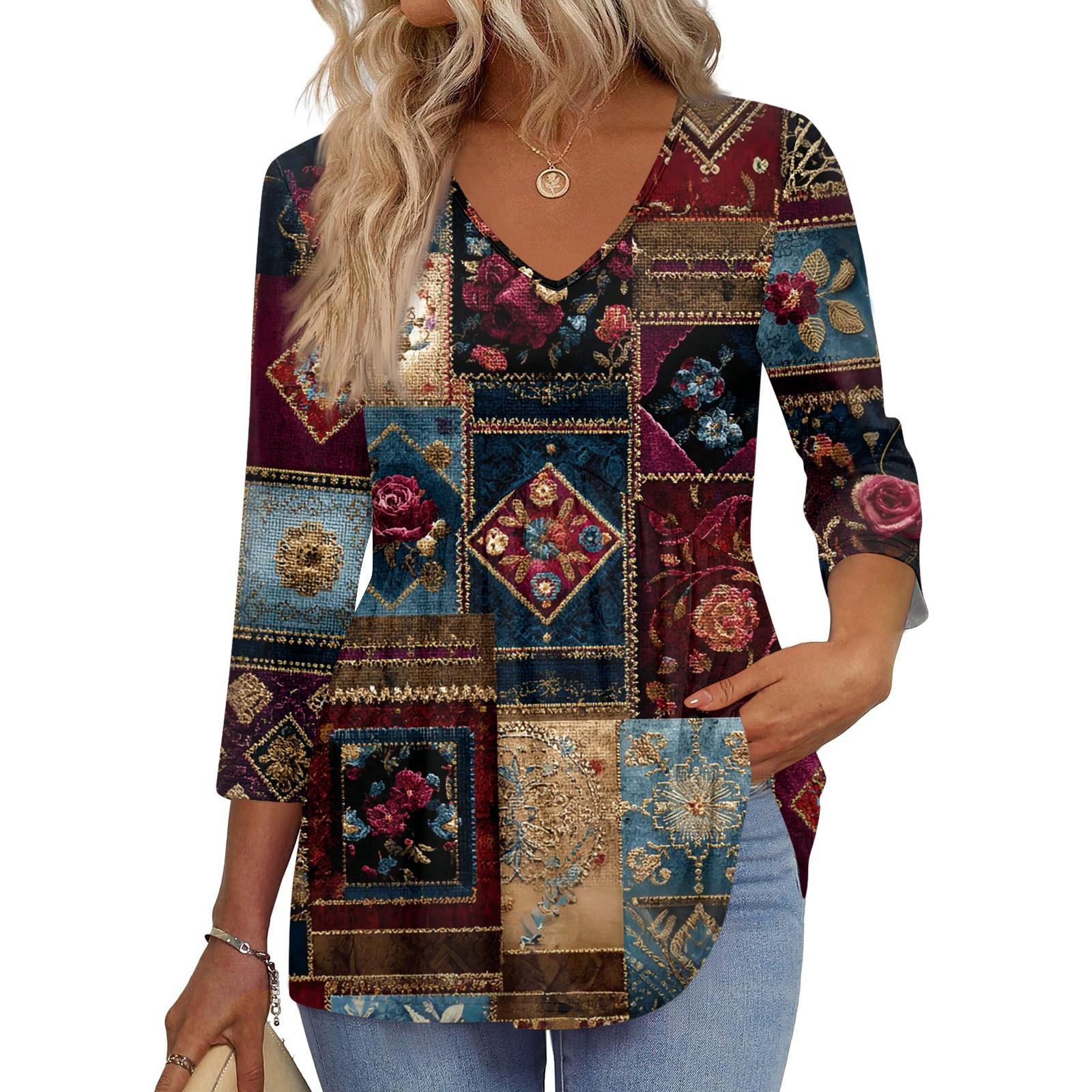 

Женская футболка с принтом, рукав 3/4, модная базовая, с V-образным вырезом, обычный топ XXL винный