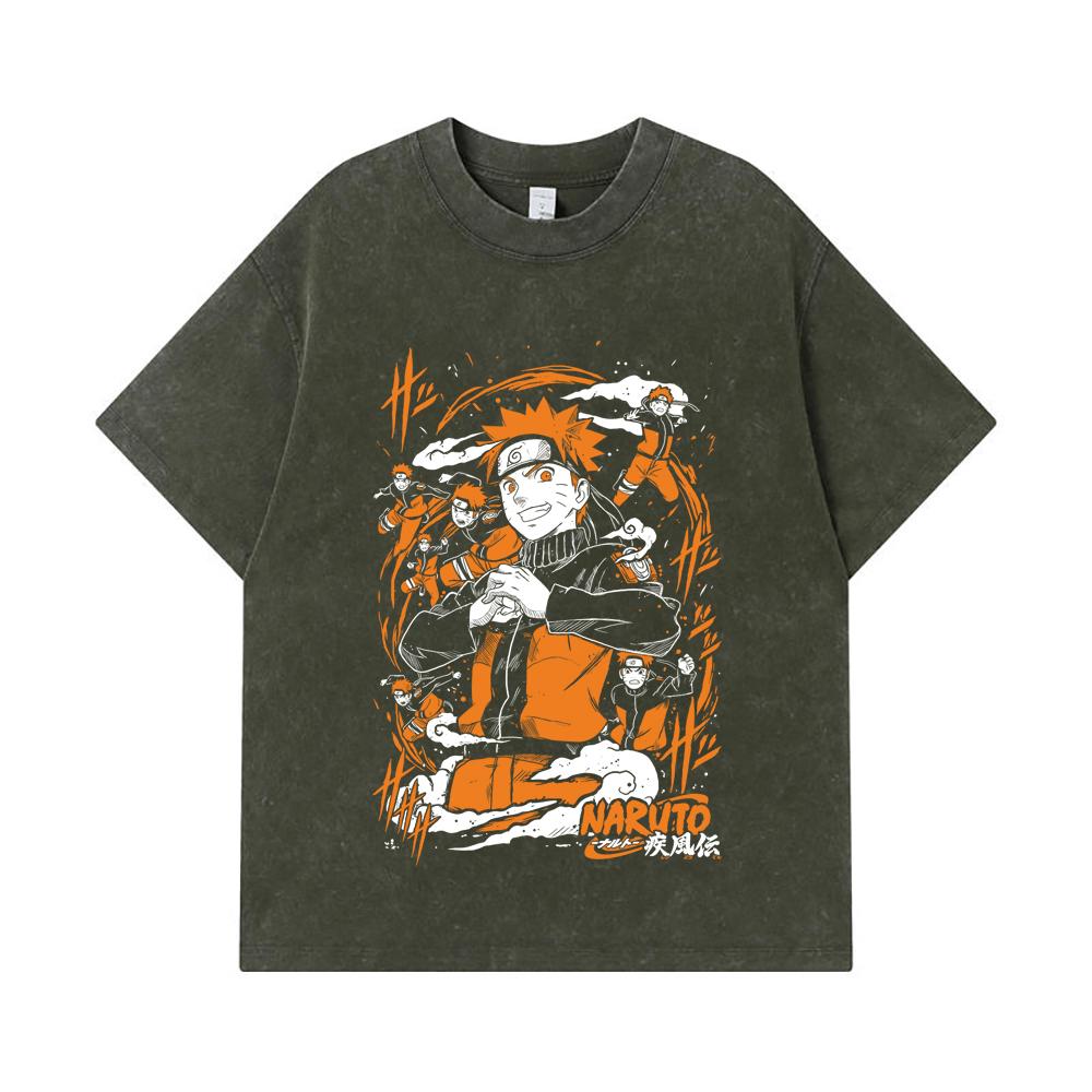 

275 GSM Washed T-shirts 100% Cotton Naruto V1 Print Unisex Heavy Cotton T Shirt S армия зеленый