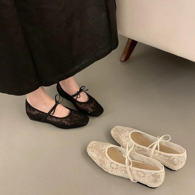 Fashion New Design Flat Shoes for Women Square Head Shallow Mouth Mesh Fabric Embroidery Butterfly Knot Soft Sole Single Shoes Mujer