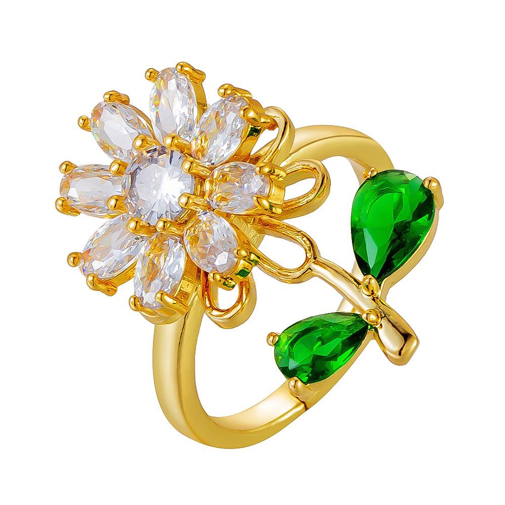 Zircon Inlaid Rotating Sunflower Open Ring for Women