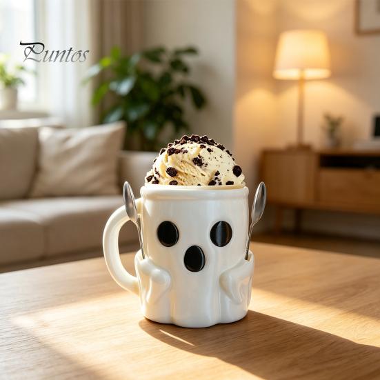 Creative Birthday Surprise Gift Halloween Ghost Ice Cream Pint Holder, Dual Spoon Slot And Theme Drinkware Handle Design Durable PLA Leak-Proof