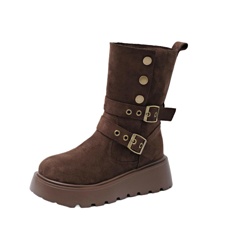 

Sleeve Wedge Single Boots Fashion Round Toe Scrub Fleece Studded Metal Buckle Platform Non-Slip Booties 35