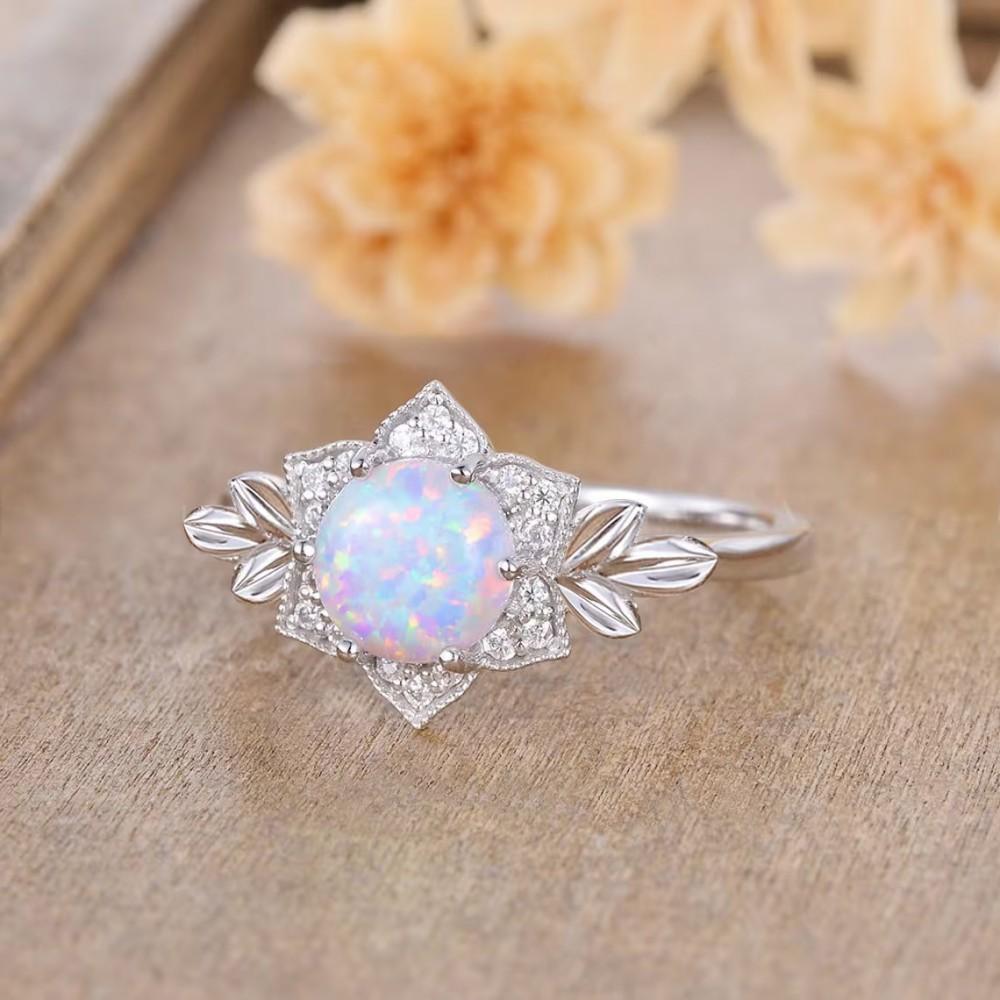 Palladium White K Round White Aobao Flower Leaf Edge Ring