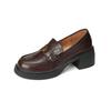 Cowhide version~ retro round head one-pedal platform loafers high-heeled small leather shoes women's thick high-heeled British style single shoes