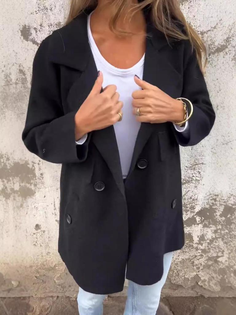 2024 Women's European & American Solid Color Lapel Pocket Cardigan Mid-length Coat for Autumn & Winter