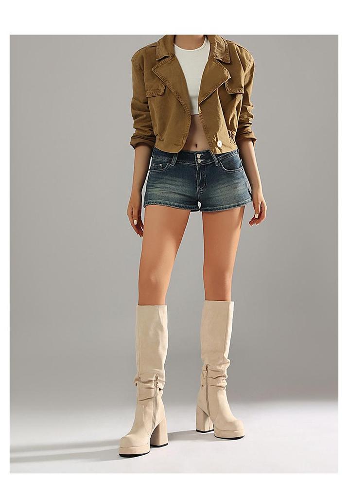 Stivali Alti da Donna in Camoscio con Tacco Chunky e Punta Tonda - Piattaforma Impermeabile Pieghettata Autunno/Inverno.