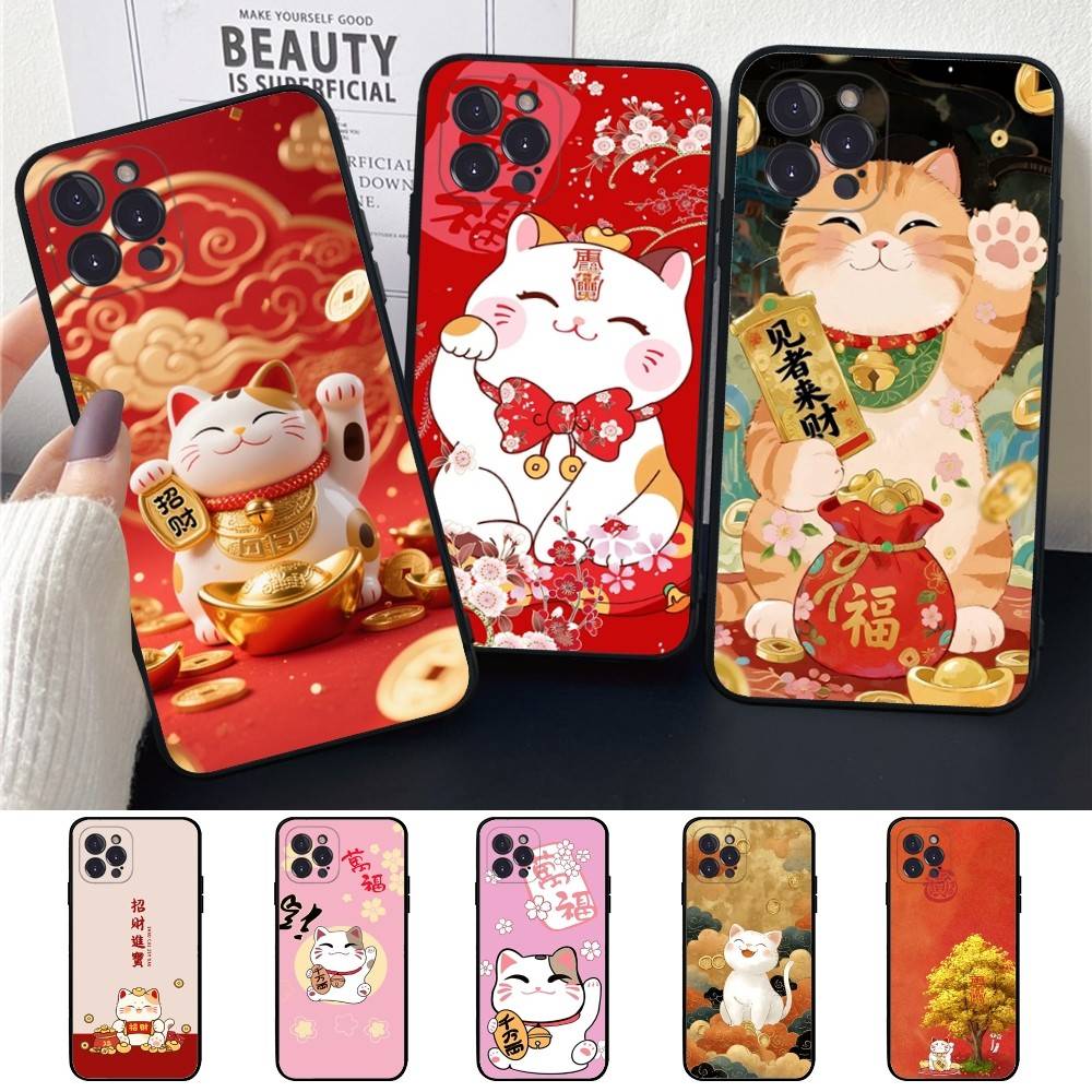 Custodia per Telefono Gatto Portafortuna Per iPhone 16 15 14 13 12 Mini 11 Pro XS Max X XR SE 6 7 8 Plus Copertura Morbida in Silicone