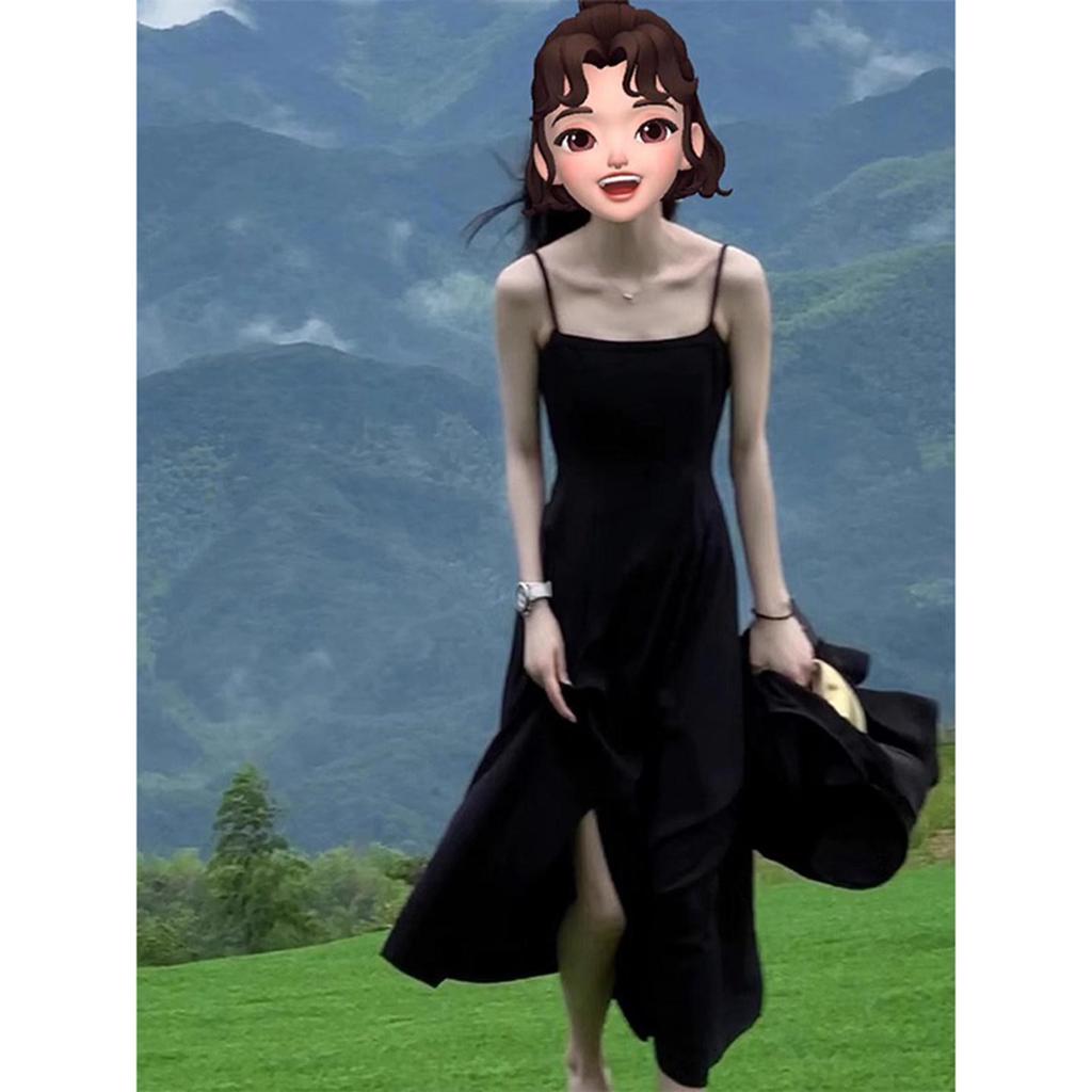 Women's Black Padded Bust Sling Dress, Slimming A-line Summer Resort Skirt