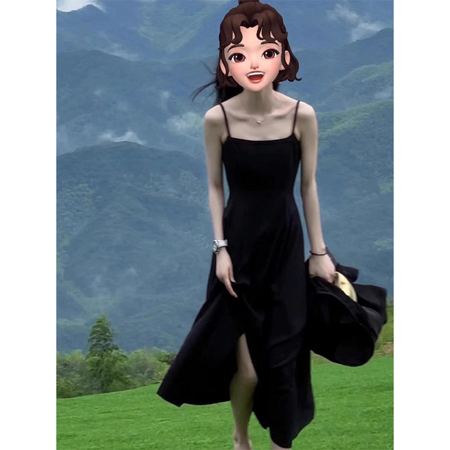 Women s Black Padded Bust Sling Dress, Slimming A-line Summer Resort Skirt L чёрный
