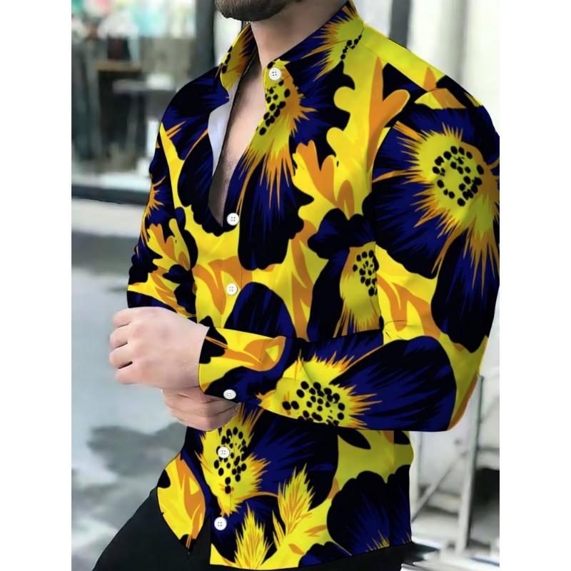 Men's Ethnic Diamond Totem Printed Long Sleeved Shirt, Slim Fit Lapel Shirt, Holiday Street Casual Men's Top