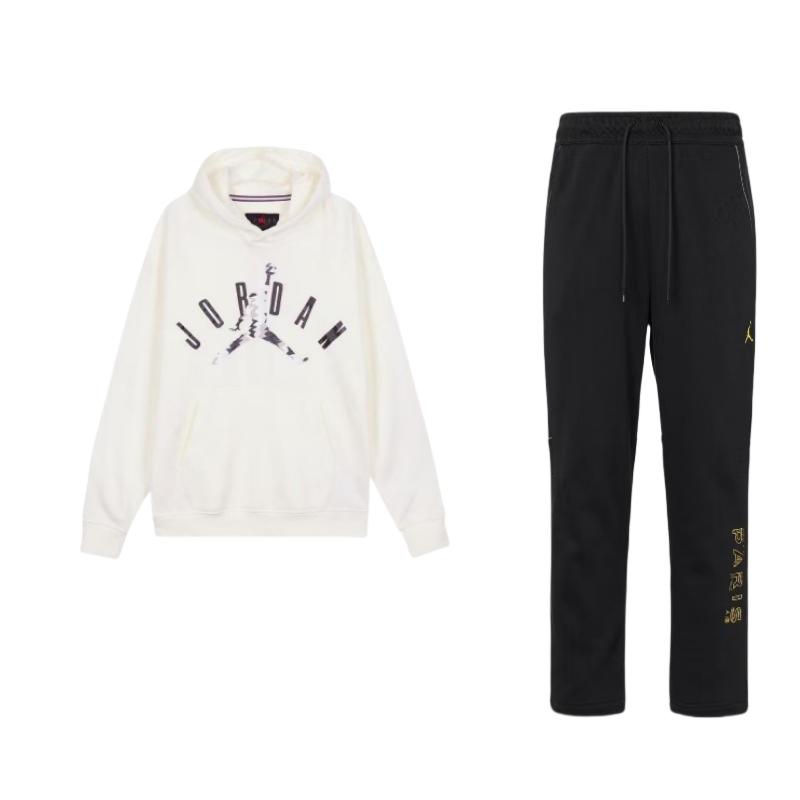 

Jordan Свободный крой, капюшон, буквенный принт, свитер, длинные рукава, затягивающиеся штаны, повседневный спортивный комплект, мужские комплекты DV0622-010+FD7416-133 M
