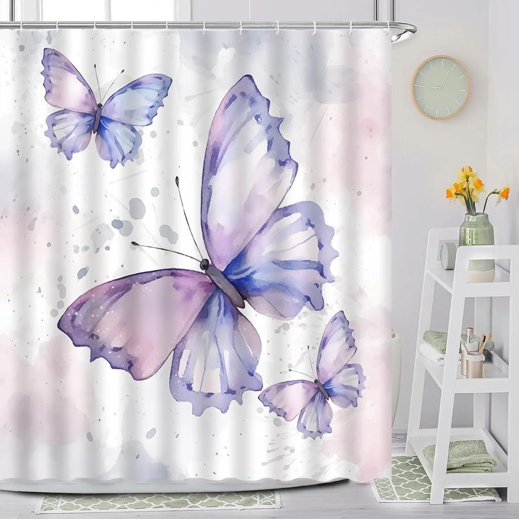 Butterfly Shower Curtain, Spring Flower Watercolor Farm Daisy Purple Flower Modern Simple Aesthetic Printed Bathroom Decoration