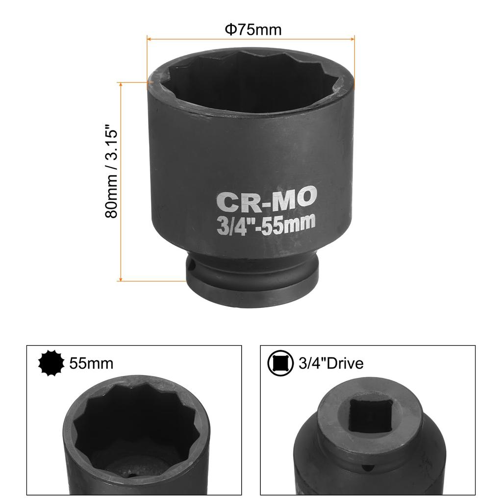 Uxcell 2Pcs Inch Drive 12 Point Impact Socket 50mm Metric Spindle Axle Nut Socket Driver Wrench Easy Removal for Auto Repair 3/4