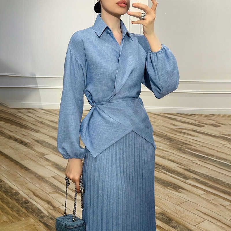 Shoelace Loose Shirt Top Elegance Skirt Blue Suit Women Elegant Skirt Set Women