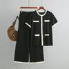 Set Women's Round Neck Breasted Contrasting Color Short-sleeved Top High Waist Versatile Wide Leg Knitted Trousers Two-piece Set