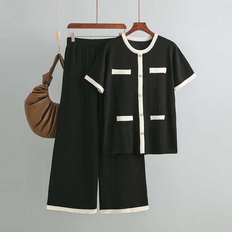 Set Women's Round Neck Breasted Contrasting Color Short-sleeved Top High Waist Versatile Wide Leg Knitted Trousers Two-piece Set