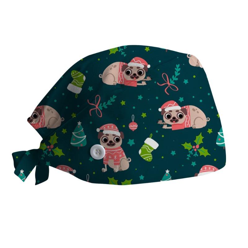 Surgical Cap with Adjustable Printed Christmas Theme Hat, Sweat Wicking Strip, Dust-proof Cloth Bag Head Cap, Doctor's Oral Cap, Nurse's Cap