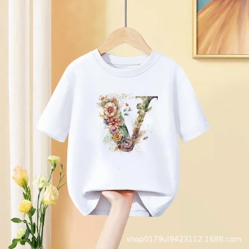 Floral AZ Kids Tshirt 26 Letters Cute ABCD Cartoon Short Sleeve Tee for Girls Summer Fashion Polyester Fabric