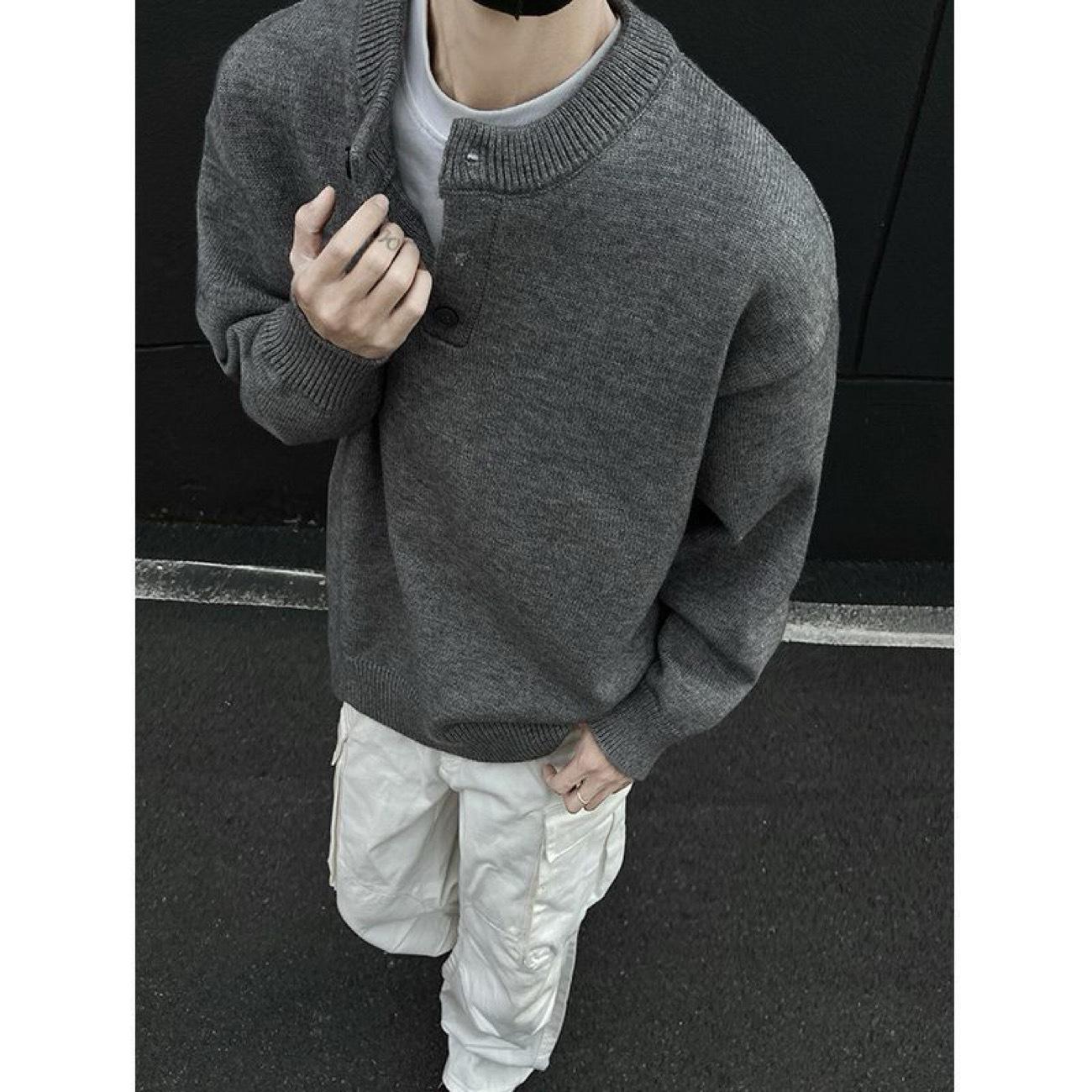 

Men s Winter Thick Knit Half-Button Casual Retro Sweater M темно-сірий