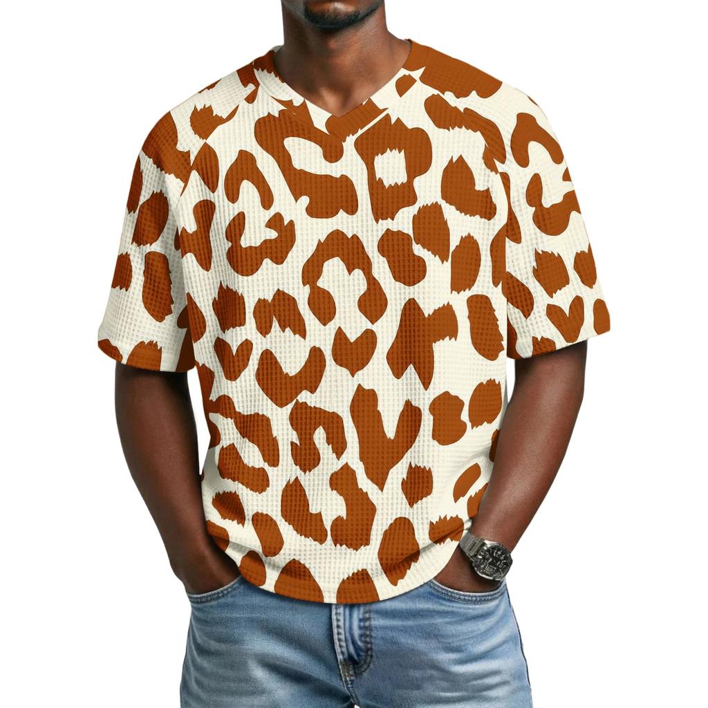 Herren T-Shirt mit Leopardenmuster, Atmungsaktives V-Ausschnitt Kurzarm Oberteil für Herren, Lässiges Mode Sommer T-Shirt