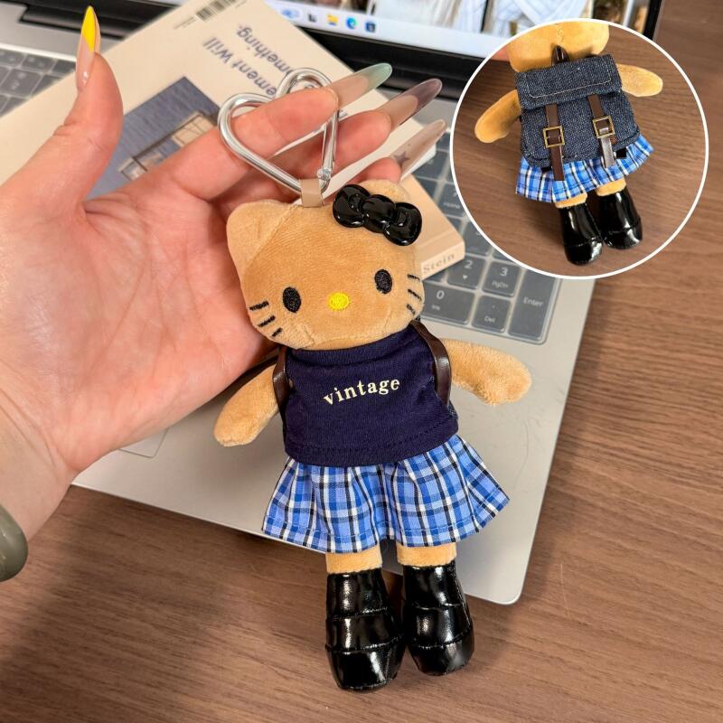 Sanrio Cartoon Hello Kitty Black Skin Long Legs Series Ladies' Set Sweet Cool Style Fluffy Plush Stuffed Doll Keychain Girl Gift