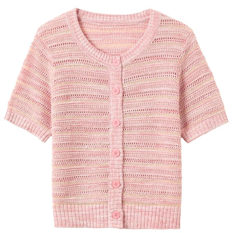 Sancai 2025 Summer Striped Hollow-out Textured Short Sleeve Knit Cardigan